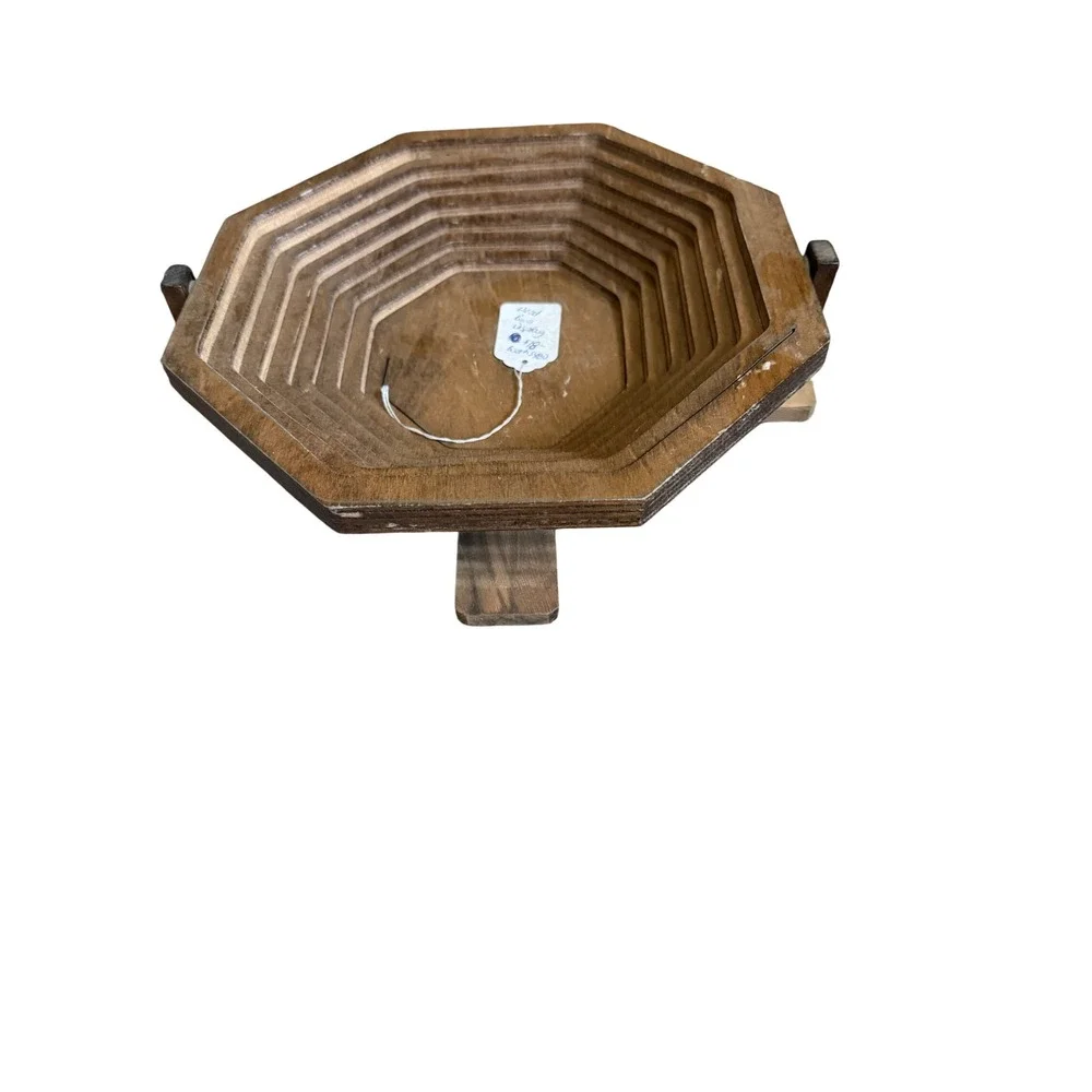 Vintage Collapsible Wooden Fruit Basket Octagon Spiral Folding Bowl Centerpiece